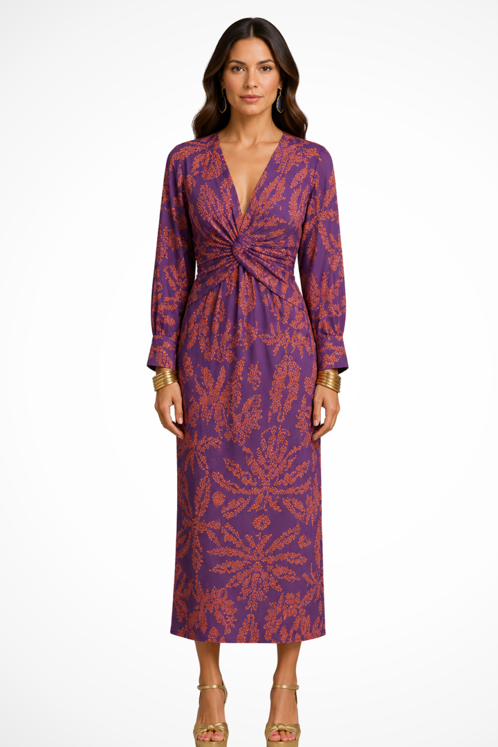 Elise Mode Dames Getailleerde Midi Jurk Print in Paars