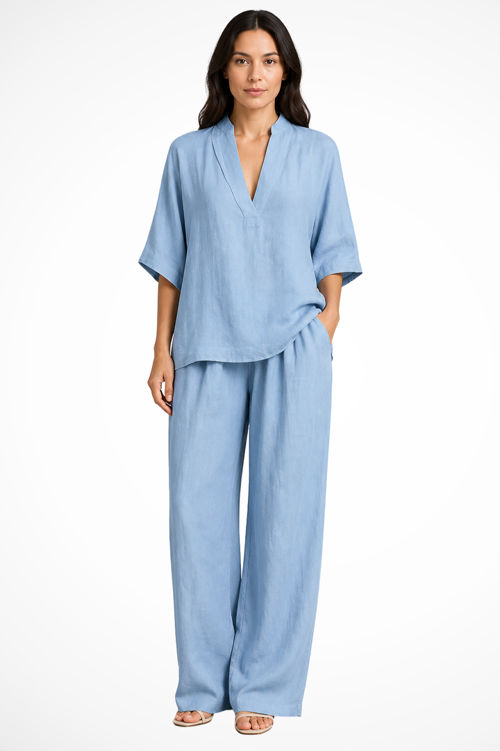 Elise Mode Dames Linnen Co-Ord Set Relaxed in Blauw