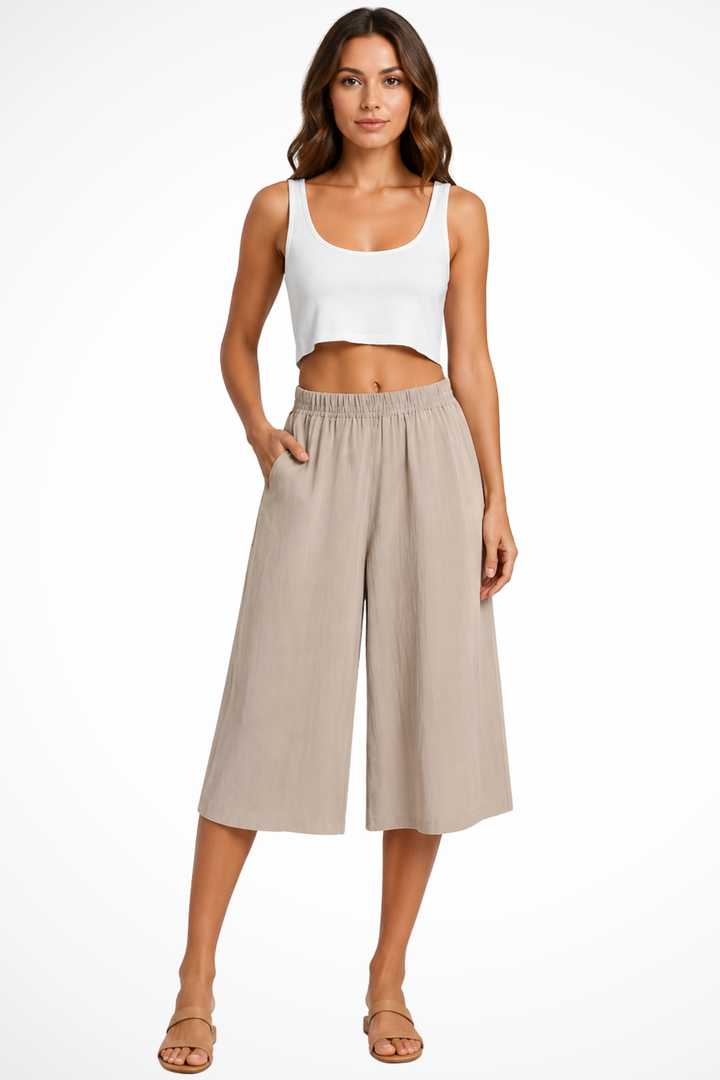 EliseMode Dames Wide Leg Broek Hoge Taille in Khaki