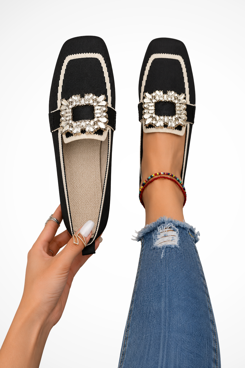Elise Mode Dames Verfraaide Loafers Vierkante Neus in Zwart