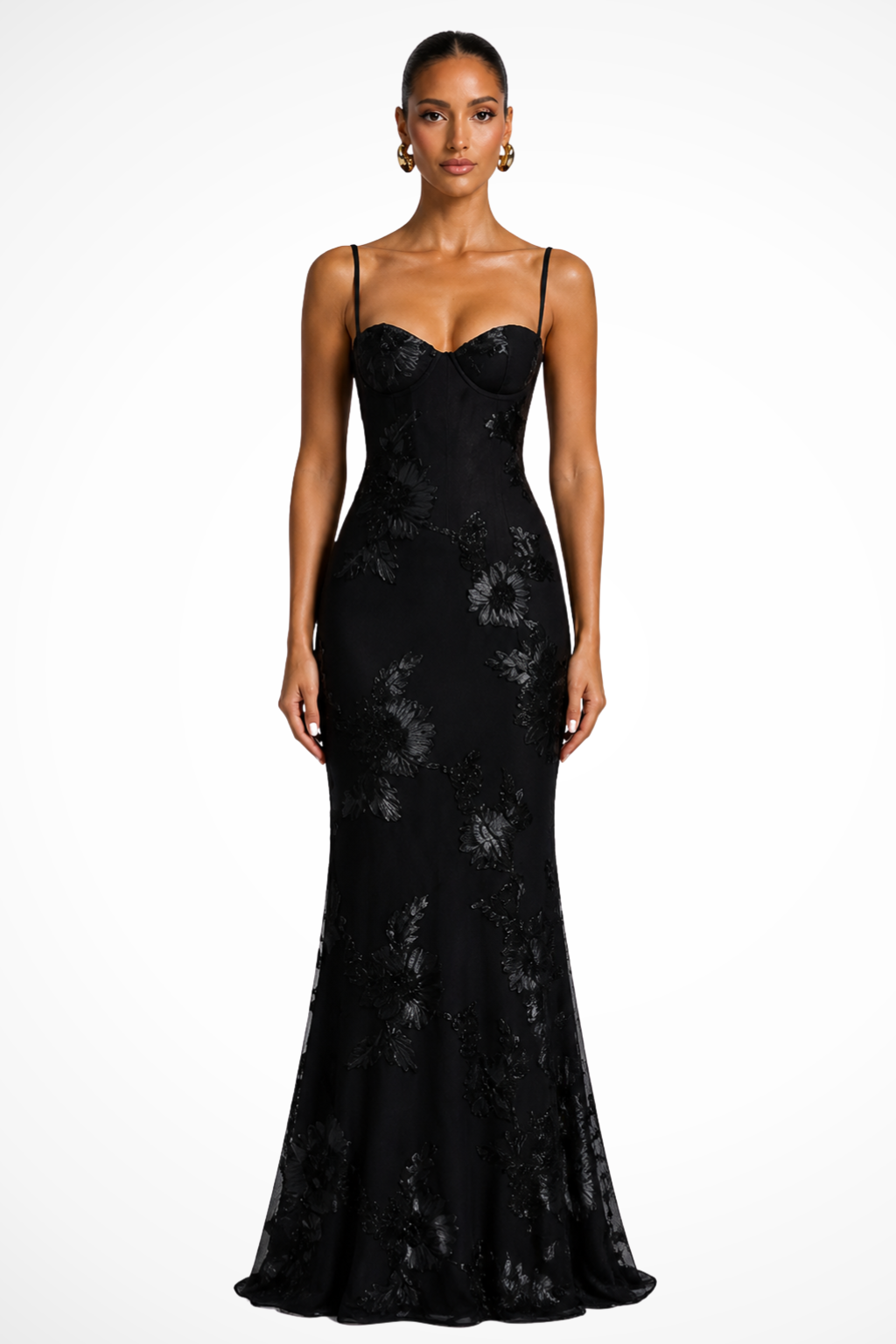 Elise Mode Geborduurde Corset Maxi Jurk in Zwart