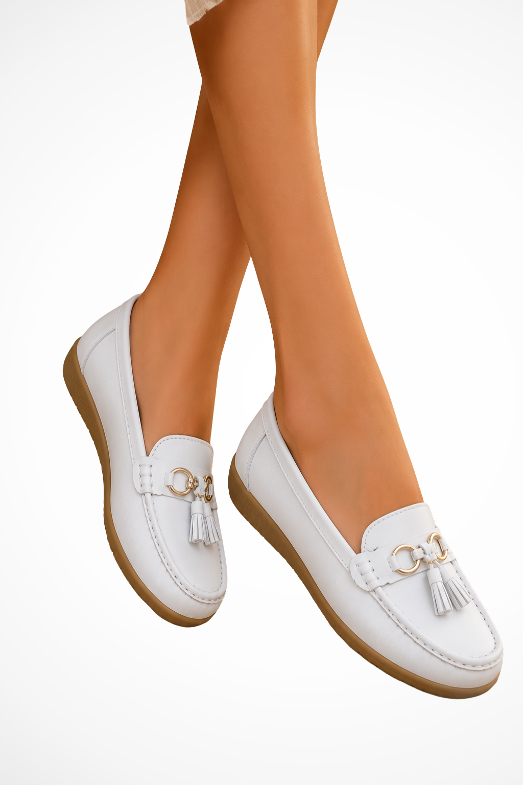 Elise Mode Dames Leren Loafers met Kwastjes in Wit