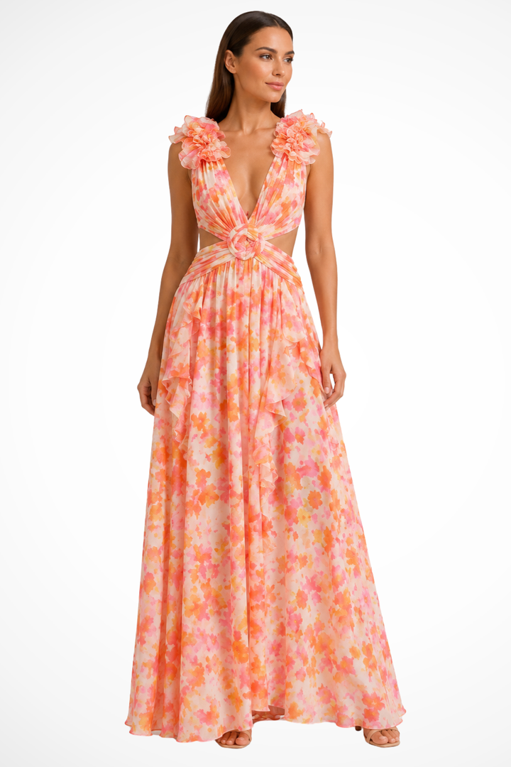 Elise Mode Dames Vloeiende Maxi Jurk Bloemenprint in Oranje