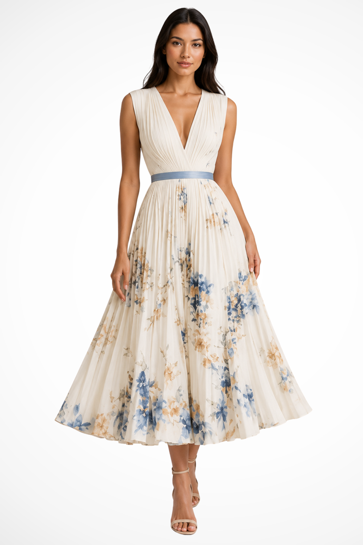 Elise Mode Dames Getailleerde Midi Jurk Bloemenprint in Beige