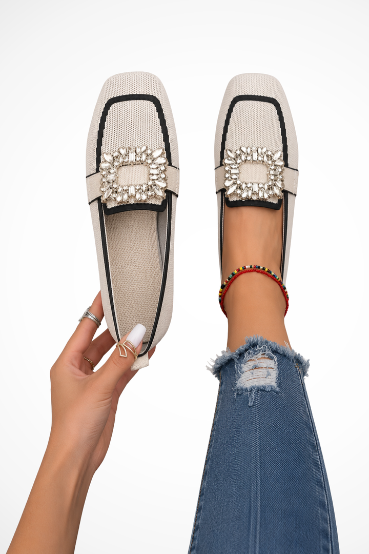 Elise Mode Dames Verfraaide Loafers Vierkante Neus in Beige
