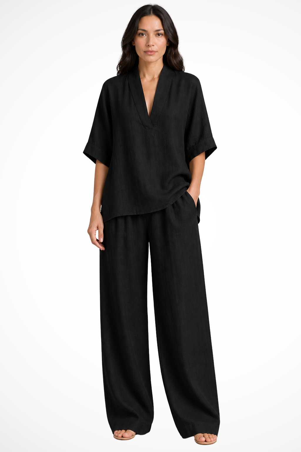 Elise Mode Dames Linnen Co-Ord Set Relaxed in Zwart