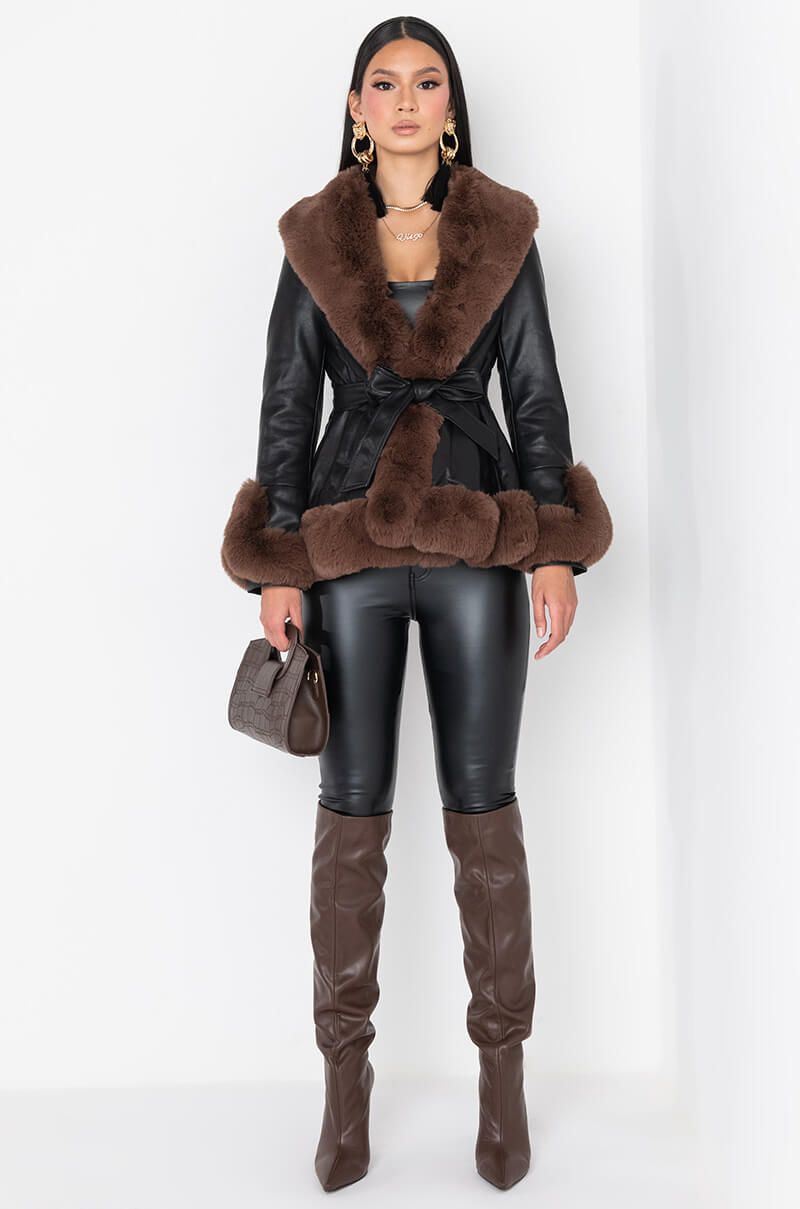 Elise Mode Dames Leren-Look Parka met Bontkraag