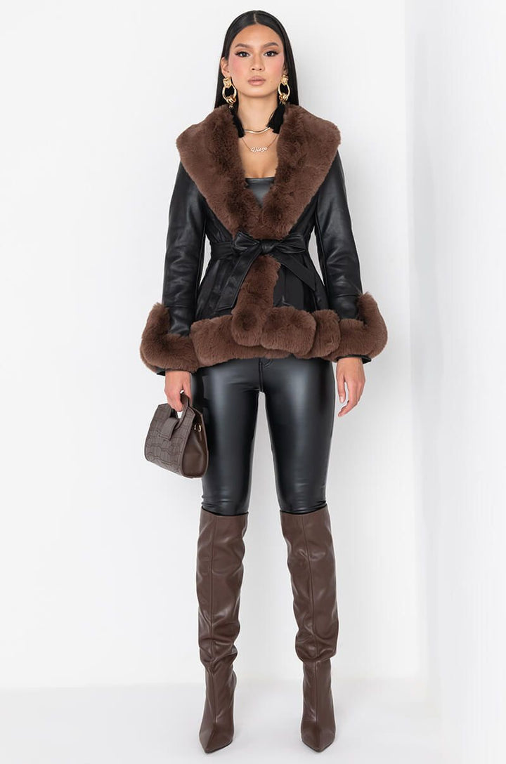 Elise Mode Dames Leren-Look Parka met Bontkraag