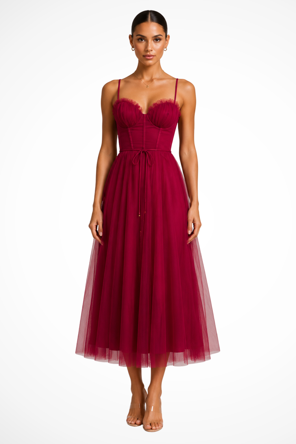 Elise Mode Tule Midi Jurk Corset in Rood