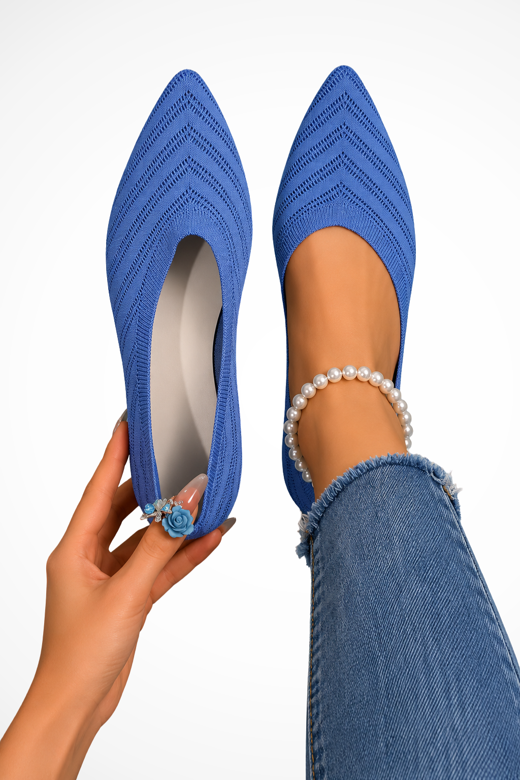 Elise Mode Dames Gebreide Loafers met Puntige Neus in Blauw