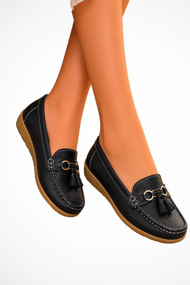Elise Mode Dames Leren Loafers met Kwastjes in Zwart
