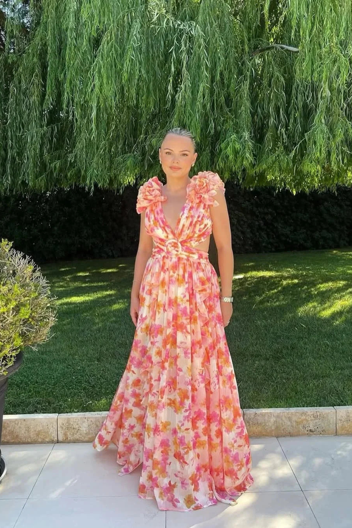 Elise Mode Dames Vloeiende Maxi Jurk Bloemenprint