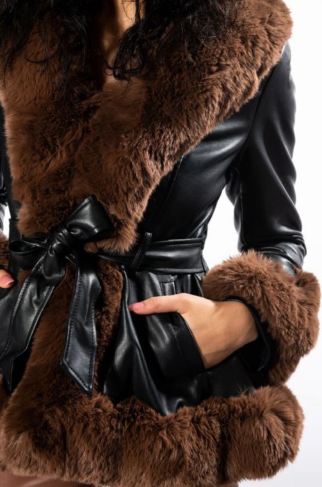 Elise Mode Dames Leren-Look Parka met Bontkraag