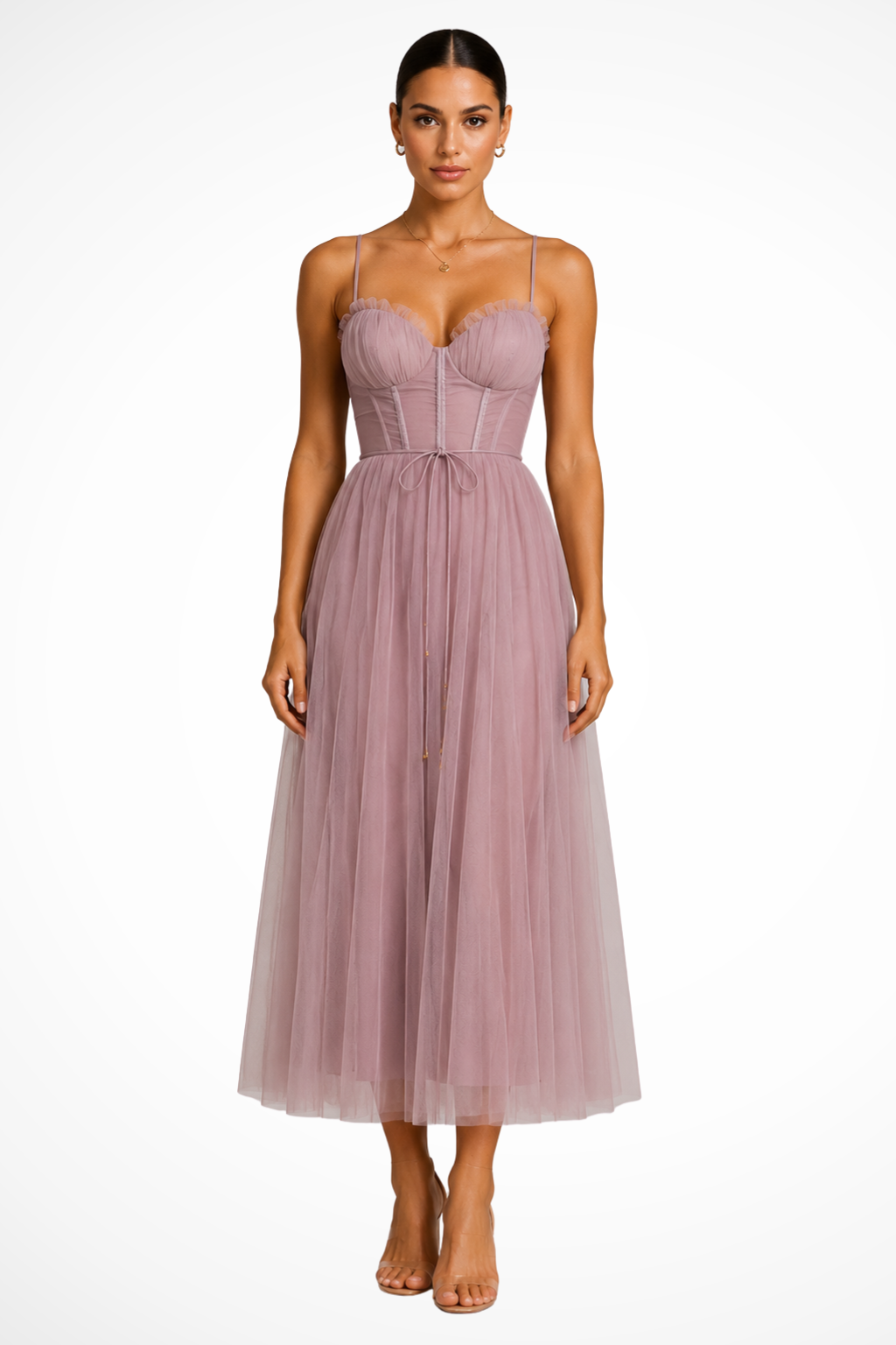 Elise Mode Tule Midi Jurk Corset in Roze