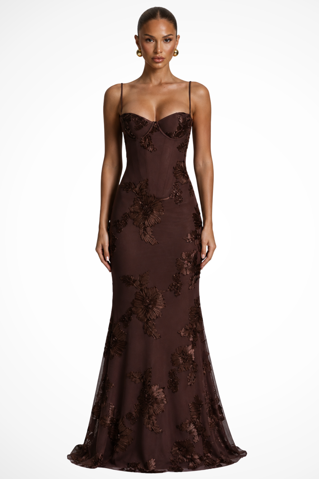 Elise Mode Geborduurde Corset Maxi Jurk in Bruin