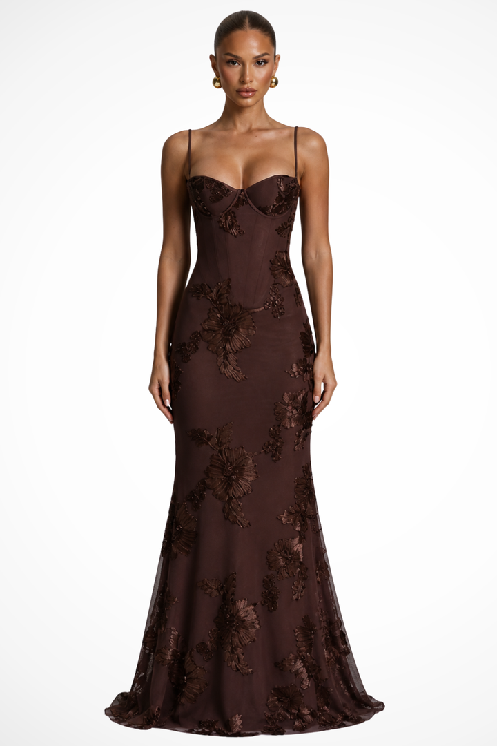 Elise Mode Geborduurde Corset Maxi Jurk in Bruin
