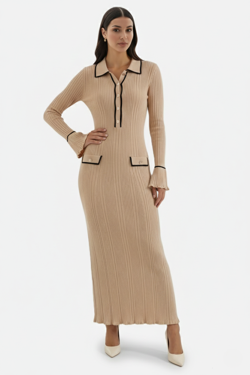 Elise Mode Gebreide Polo Maxi Jurk in Beige