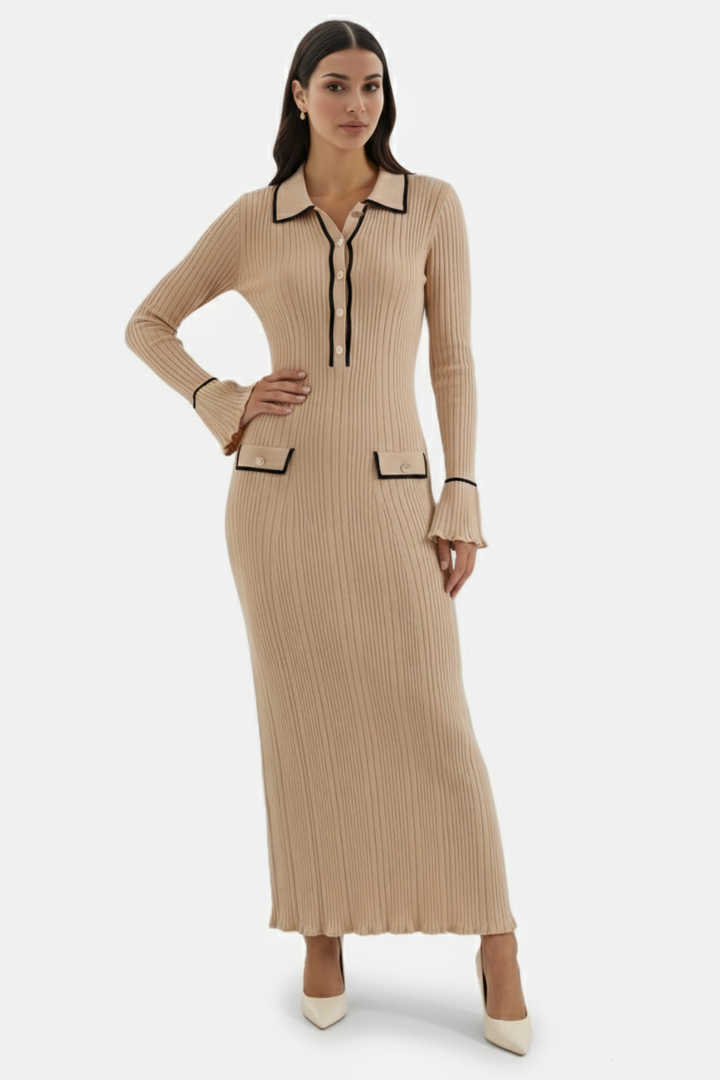 Elise Mode Gebreide Polo Maxi Jurk in Beige