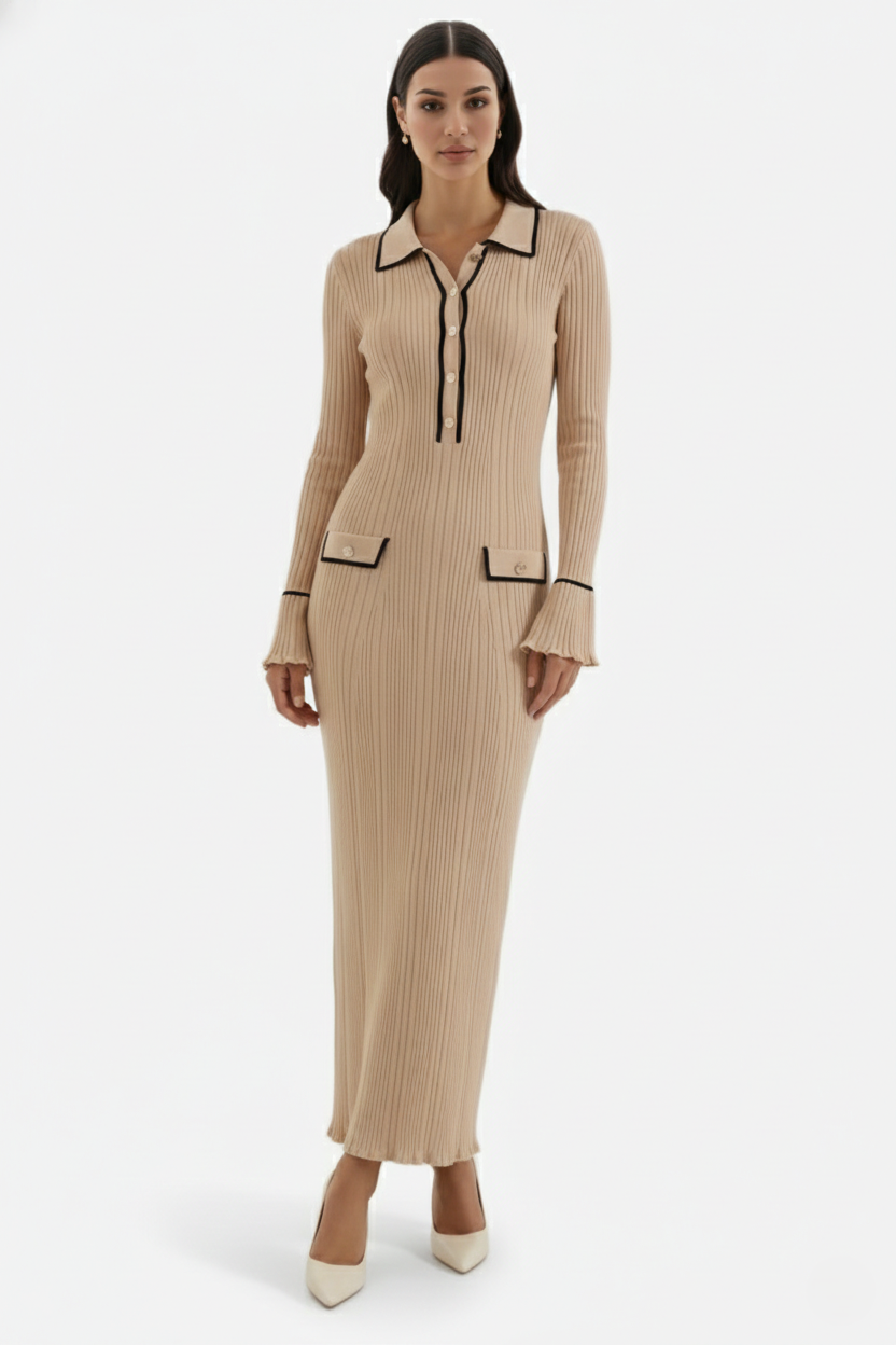 Elise Mode Gebreide Polo Maxi Jurk in Beige