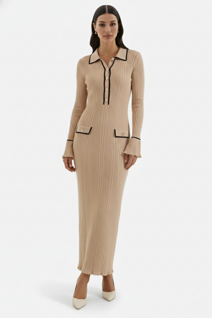 Elise Mode Gebreide Polo Maxi Jurk in Beige