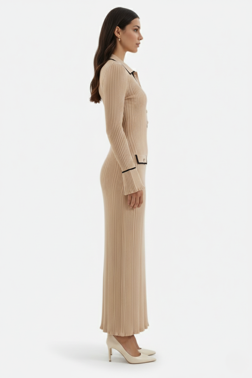 Elise Mode Gebreide Polo Maxi Jurk in Beige