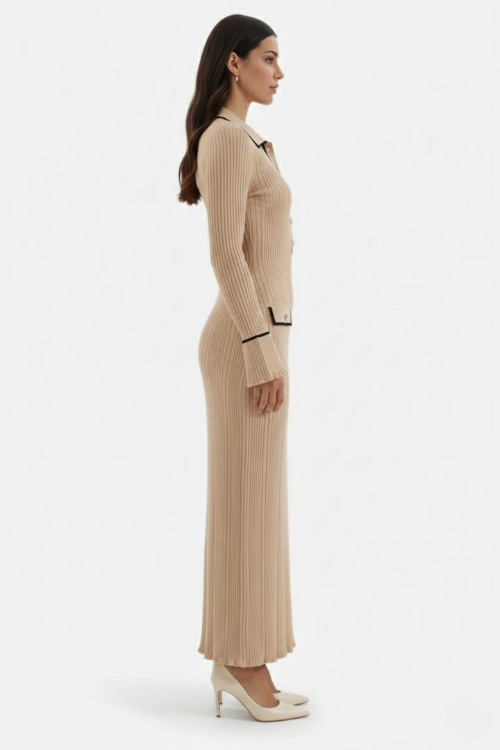 Elise Mode Gebreide Polo Maxi Jurk in Beige