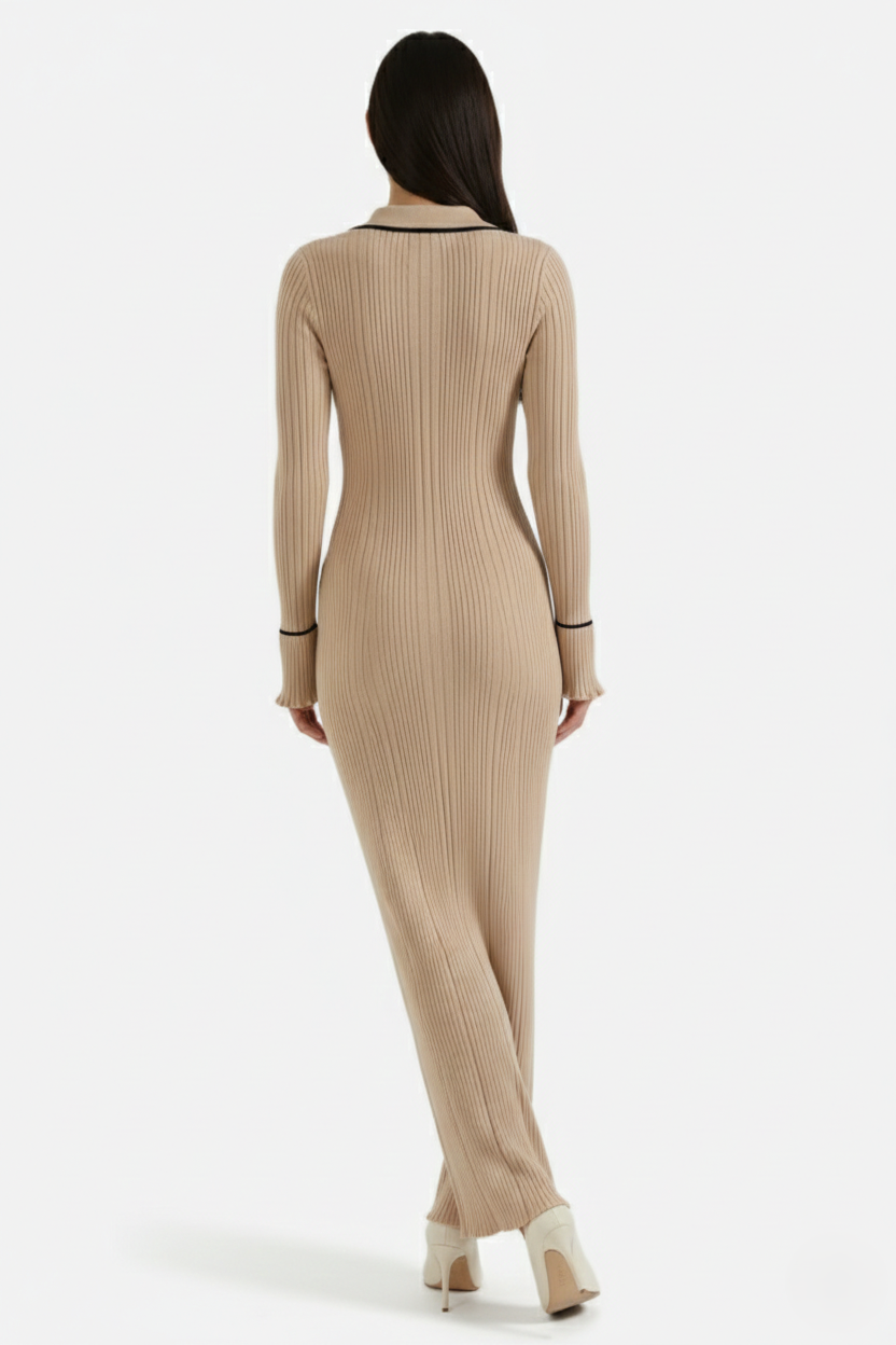 Elise Mode Gebreide Polo Maxi Jurk in Beige