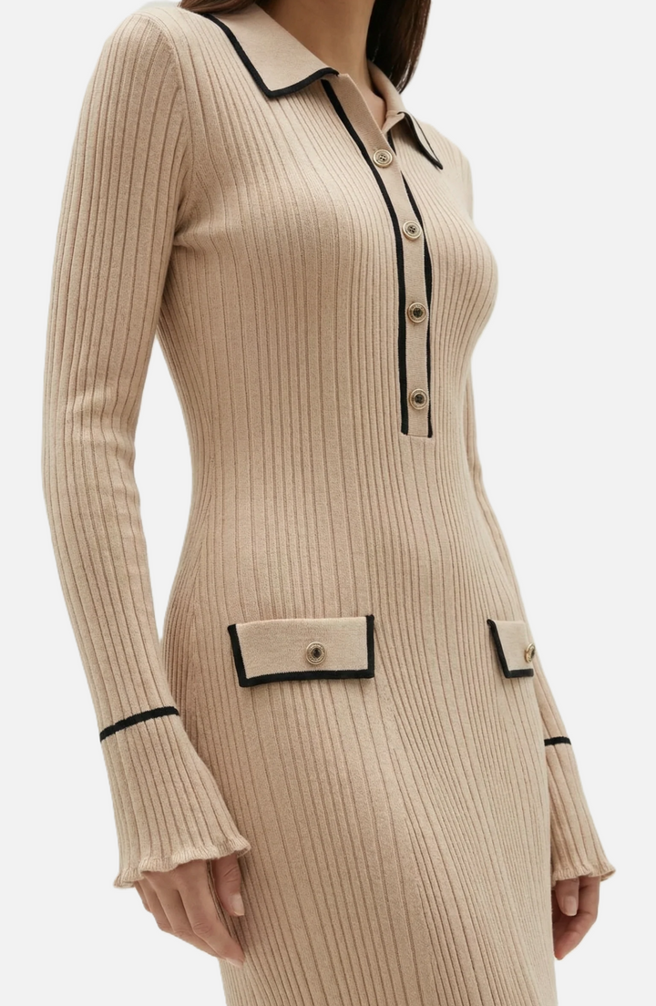 Elise Mode Gebreide Polo Maxi Jurk in Beige