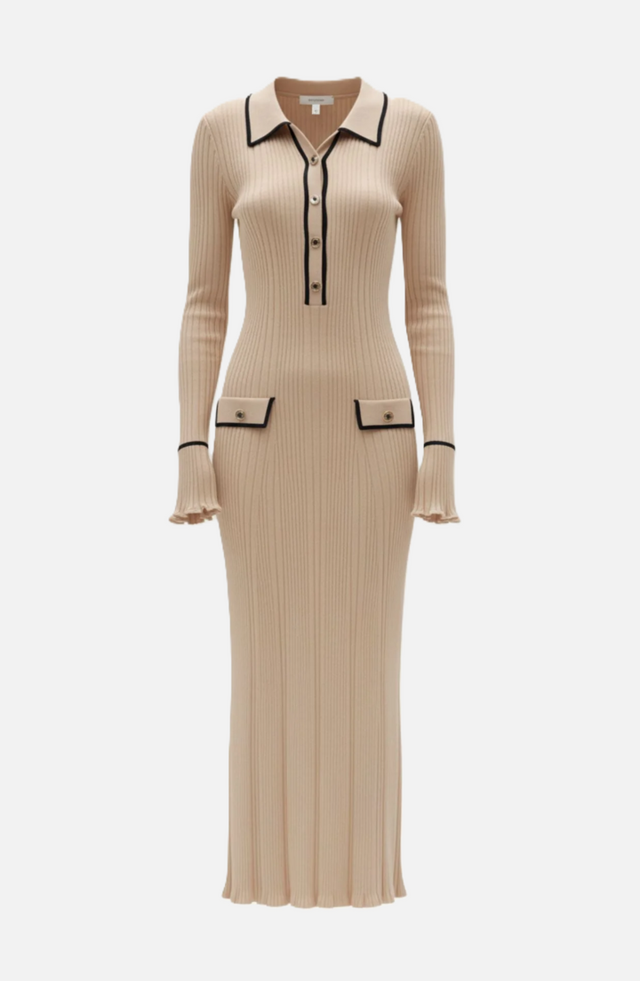 Elise Mode Gebreide Polo Maxi Jurk in Beige