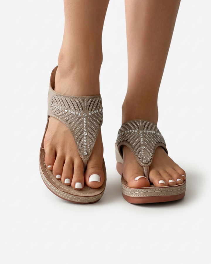 EliseMode Dames Teenslippers Strass Steentjes Glitter in Beige