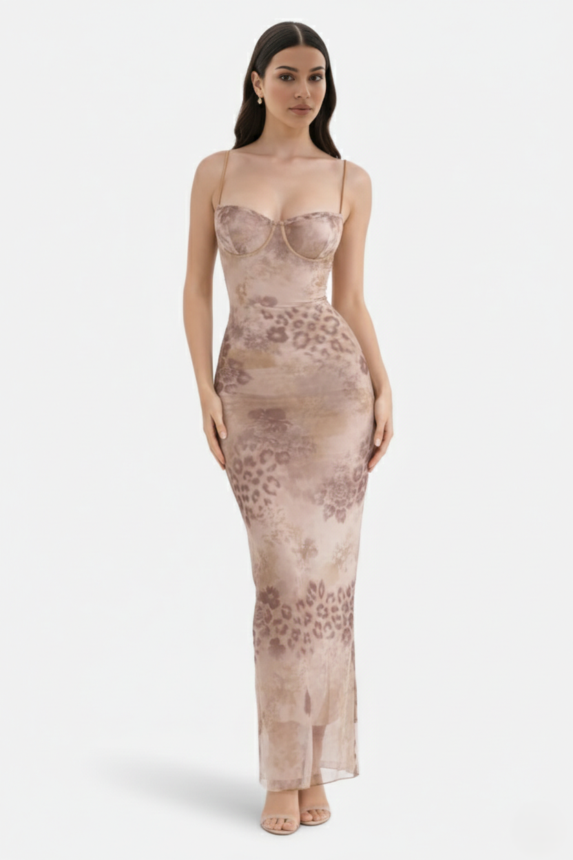 Elise Mode Dames Kant Trim Maxi Jurk Spaghettibandjes in Beige