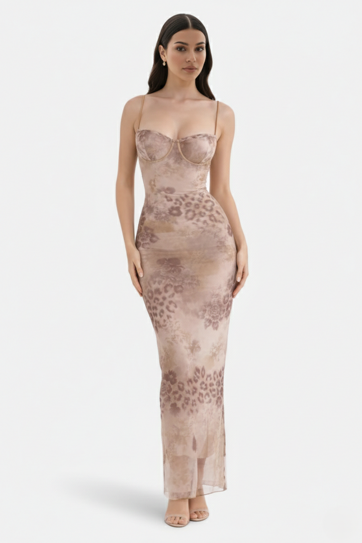 Elise Mode Dames Kant Trim Maxi Jurk Spaghettibandjes in Beige