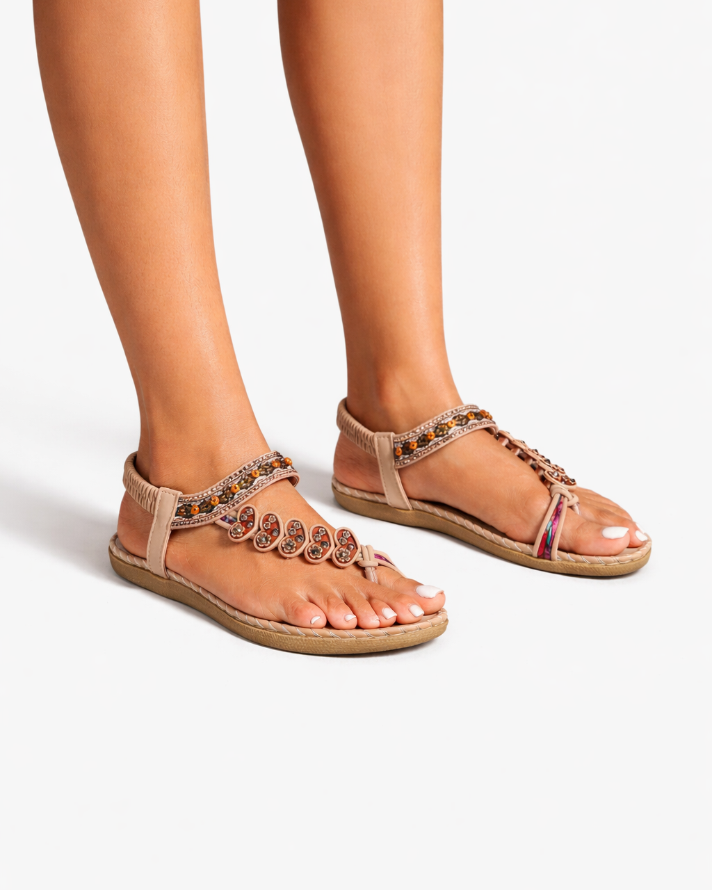 EliseMode Dames Teenslippers Bloem Kralen Enkelbandjes in Beige