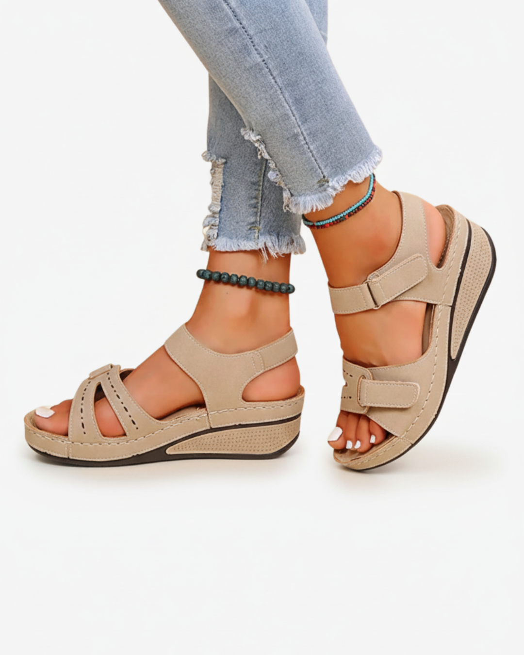 EliseMode Dames Sleehak Sandalen Dubbele Verstelbare Band in Beige