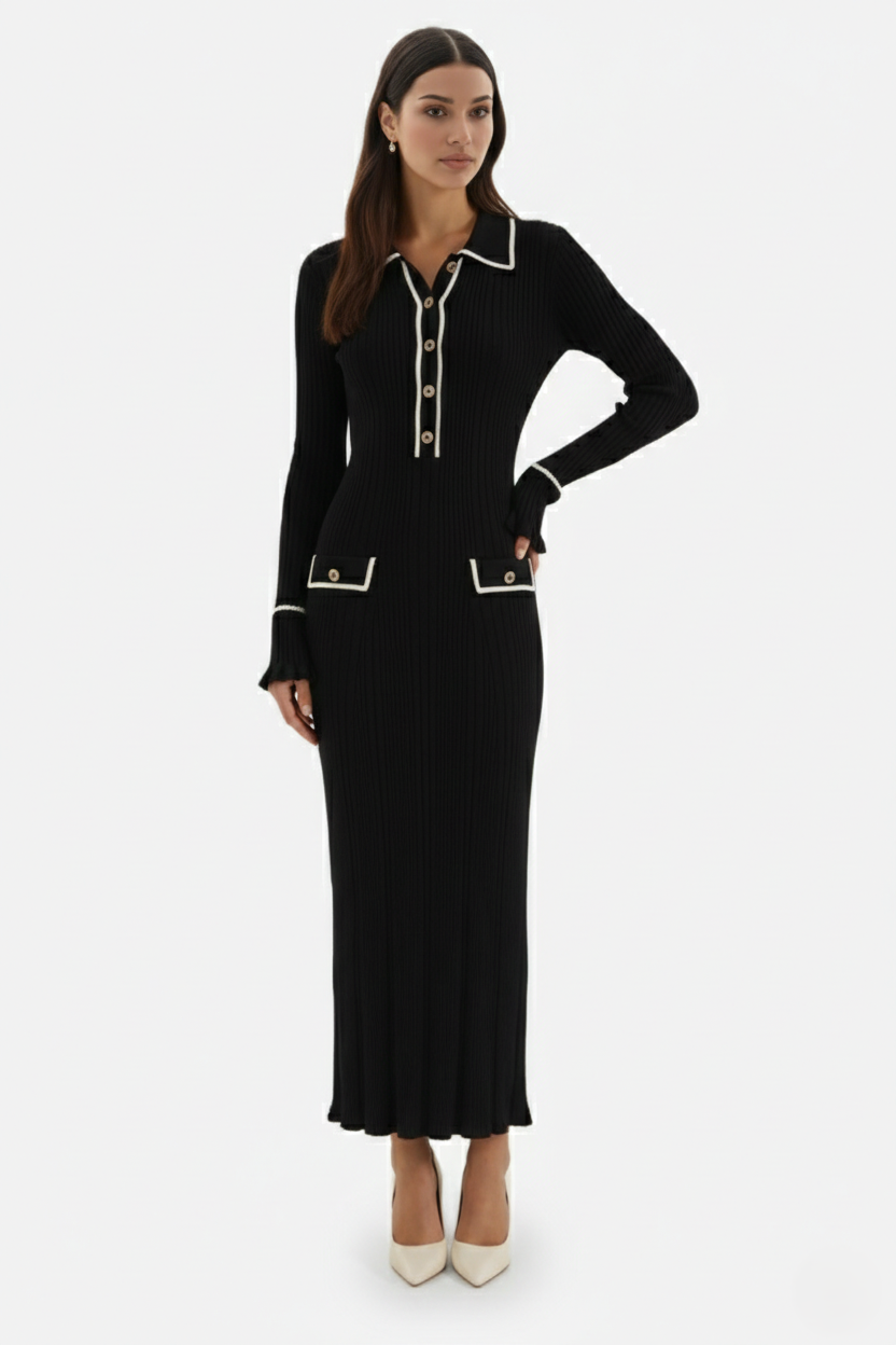 Elise Mode Gebreide Polo Maxi Jurk in Black
