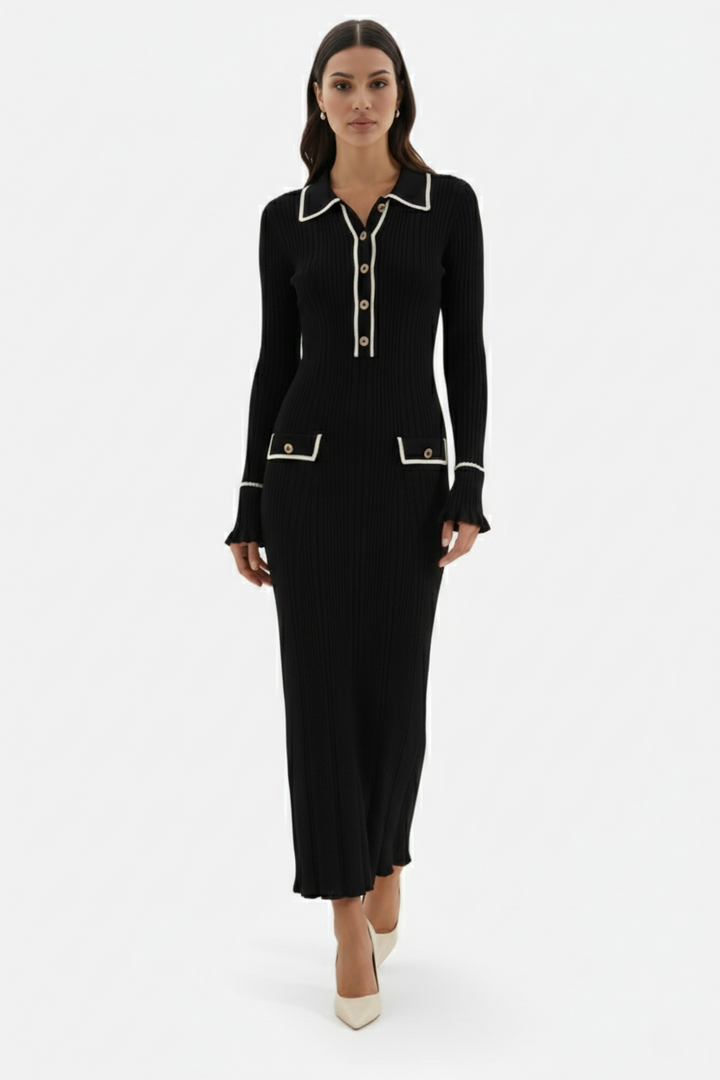 Elise Mode Gebreide Polo Maxi Jurk in Black