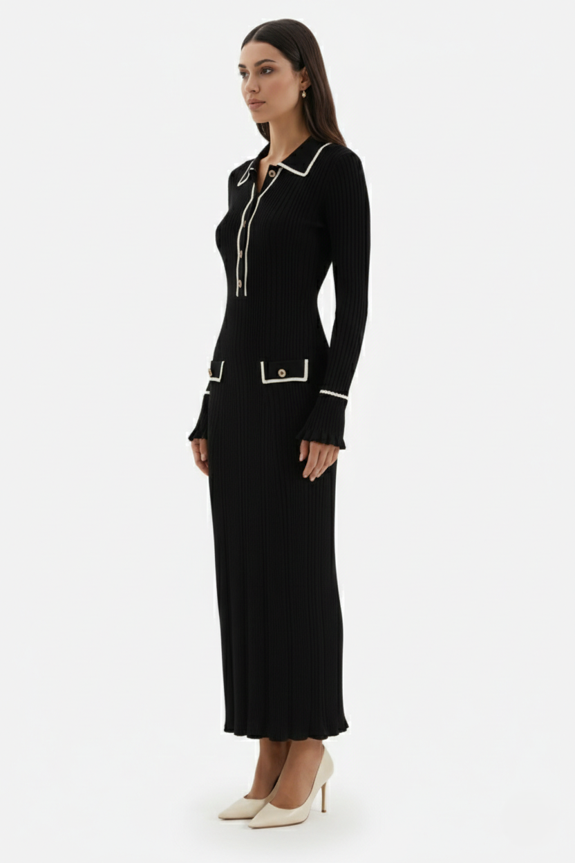 Elise Mode Gebreide Polo Maxi Jurk in Black