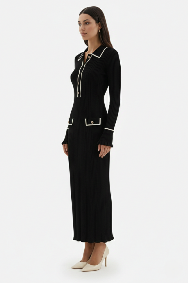 Elise Mode Gebreide Polo Maxi Jurk in Black
