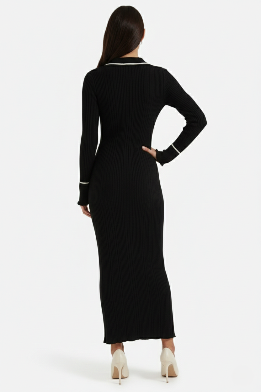 Elise Mode Gebreide Polo Maxi Jurk in Black
