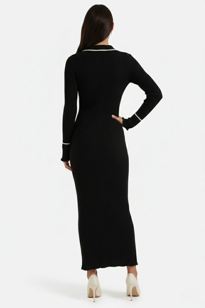 Elise Mode Gebreide Polo Maxi Jurk in Black