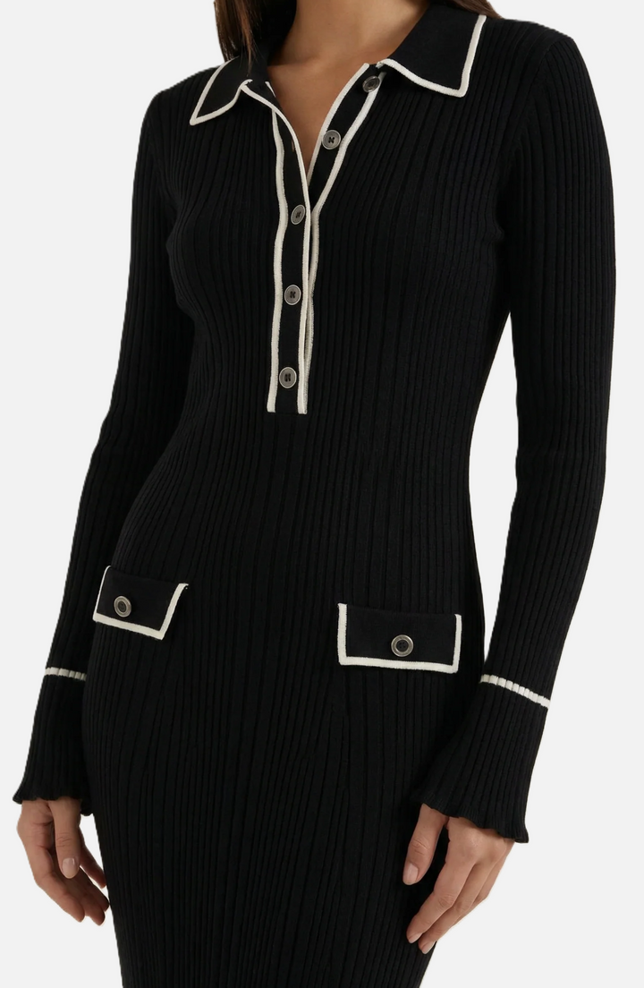 Elise Mode Gebreide Polo Maxi Jurk in Black