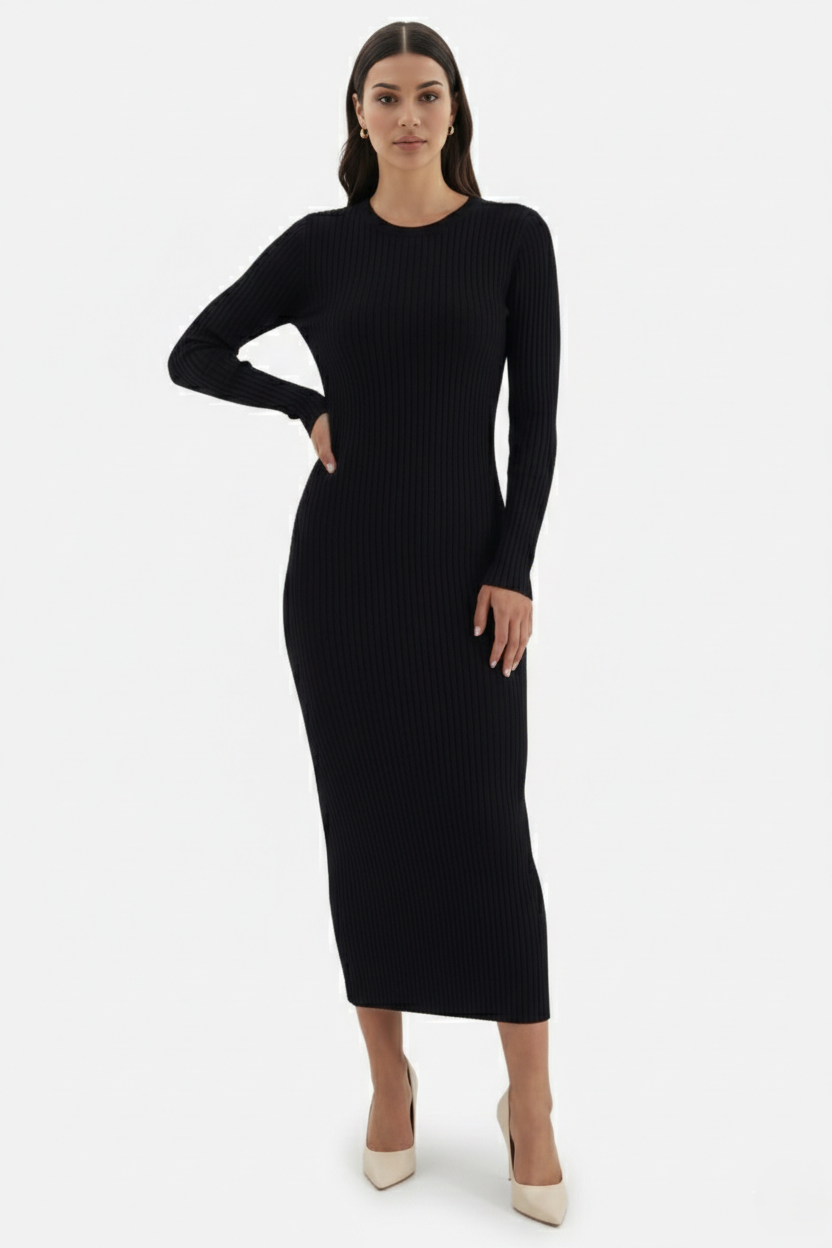 Elise Mode Dames Gebreide Bodycon Midi Jurk in Zwart