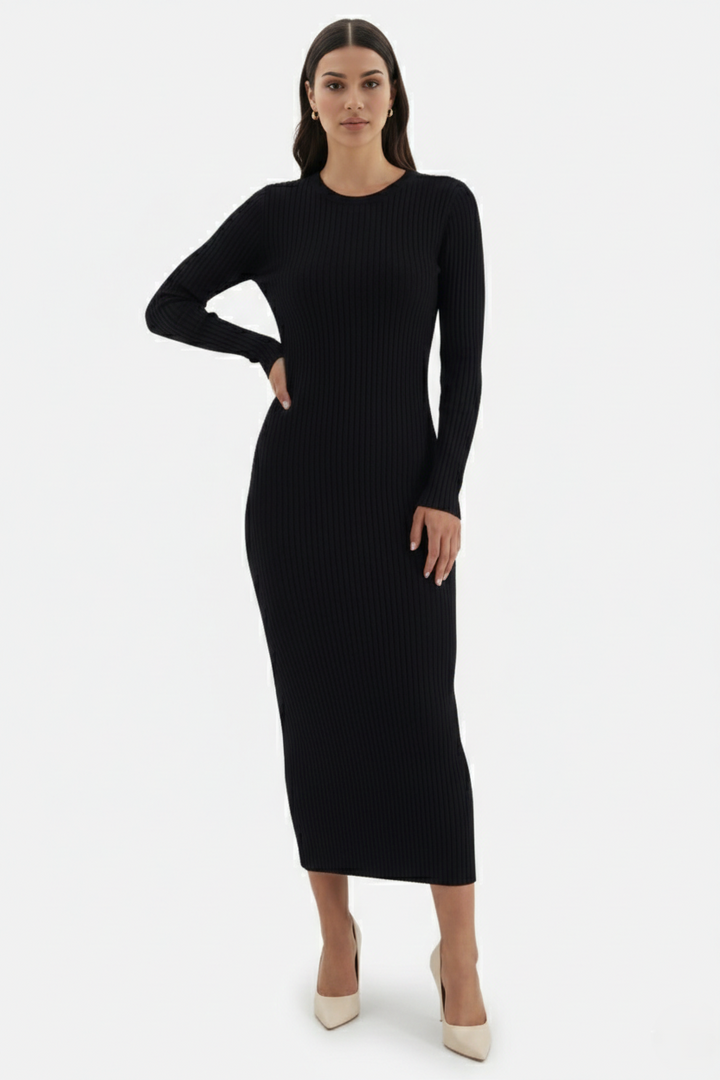 Elise Mode Dames Gebreide Bodycon Midi Jurk in Zwart