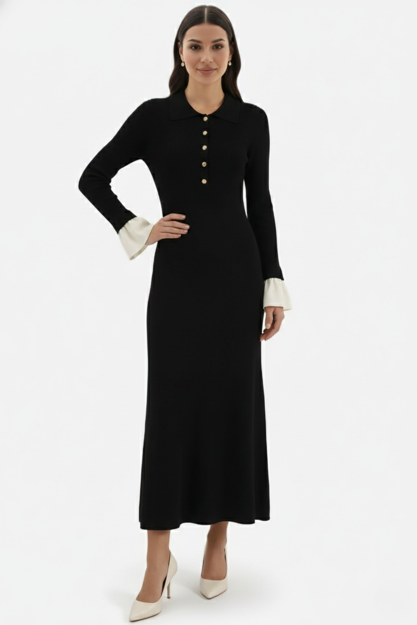 Elise Mode Dames Gebreide Polo Maxi Jurk in Zwart