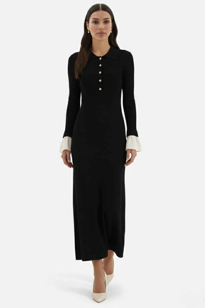 Elise Mode Dames Gebreide Polo Maxi Jurk
