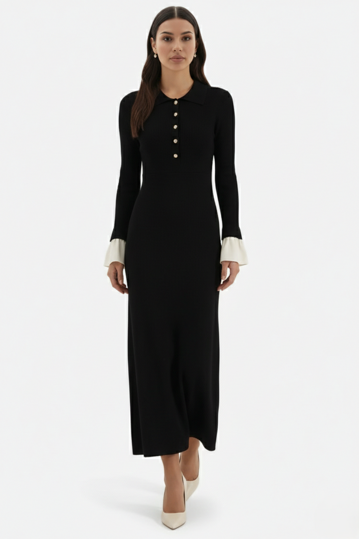 Elise Mode Dames Gebreide Polo Maxi Jurk
