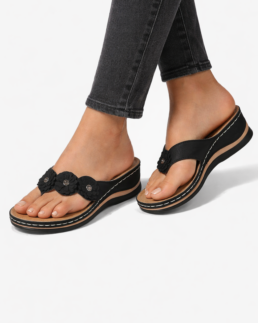 EliseMode Dames Bloemen Sleehak Slippers Instapper in Zwart
