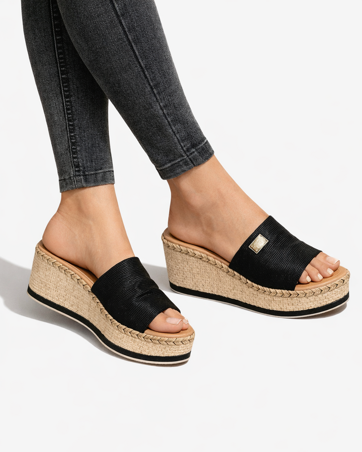 EliseMode Dames Espadrille Platform Instappers Sleehak in Zwart
