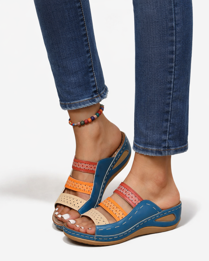 EliseMode Dames Sleehak Slippers Multicolor Bandjes in Blauw