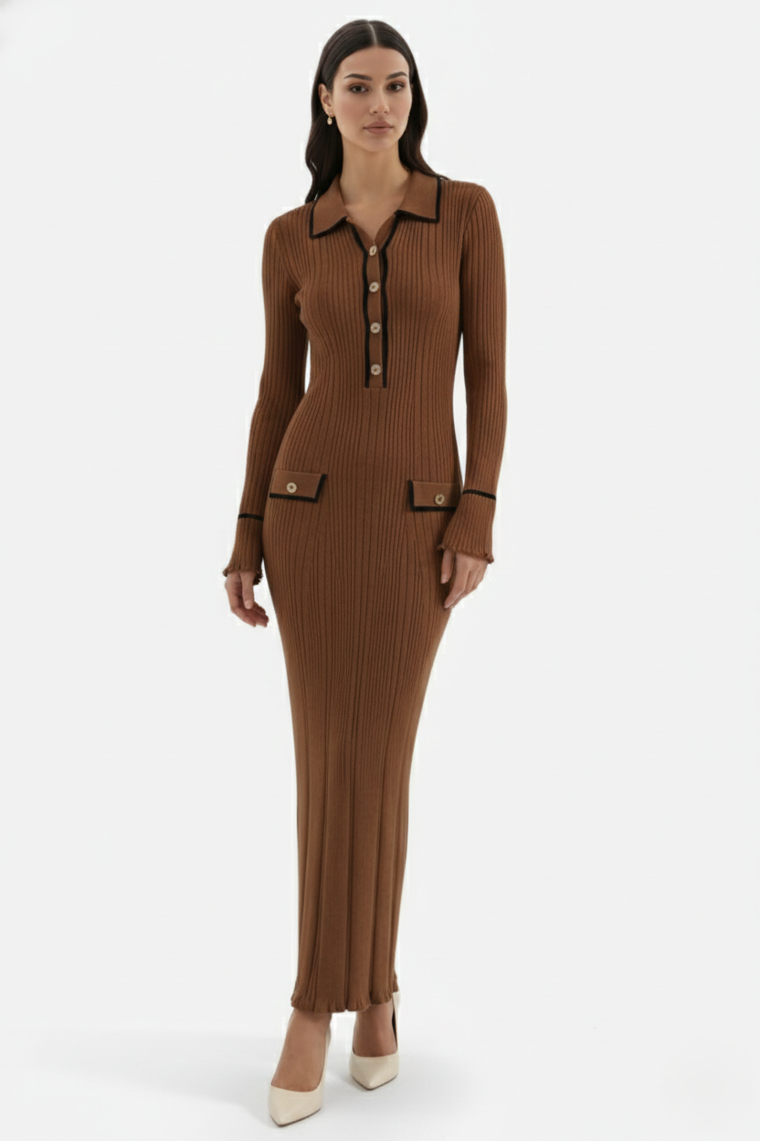 Elise Mode Gebreide Polo Maxi Jurk in Brown